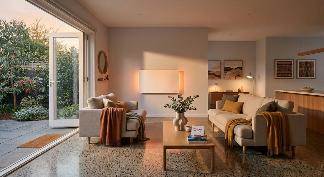 Far infrared heating panel in a modern Australian Airbnb living room by Thermisia