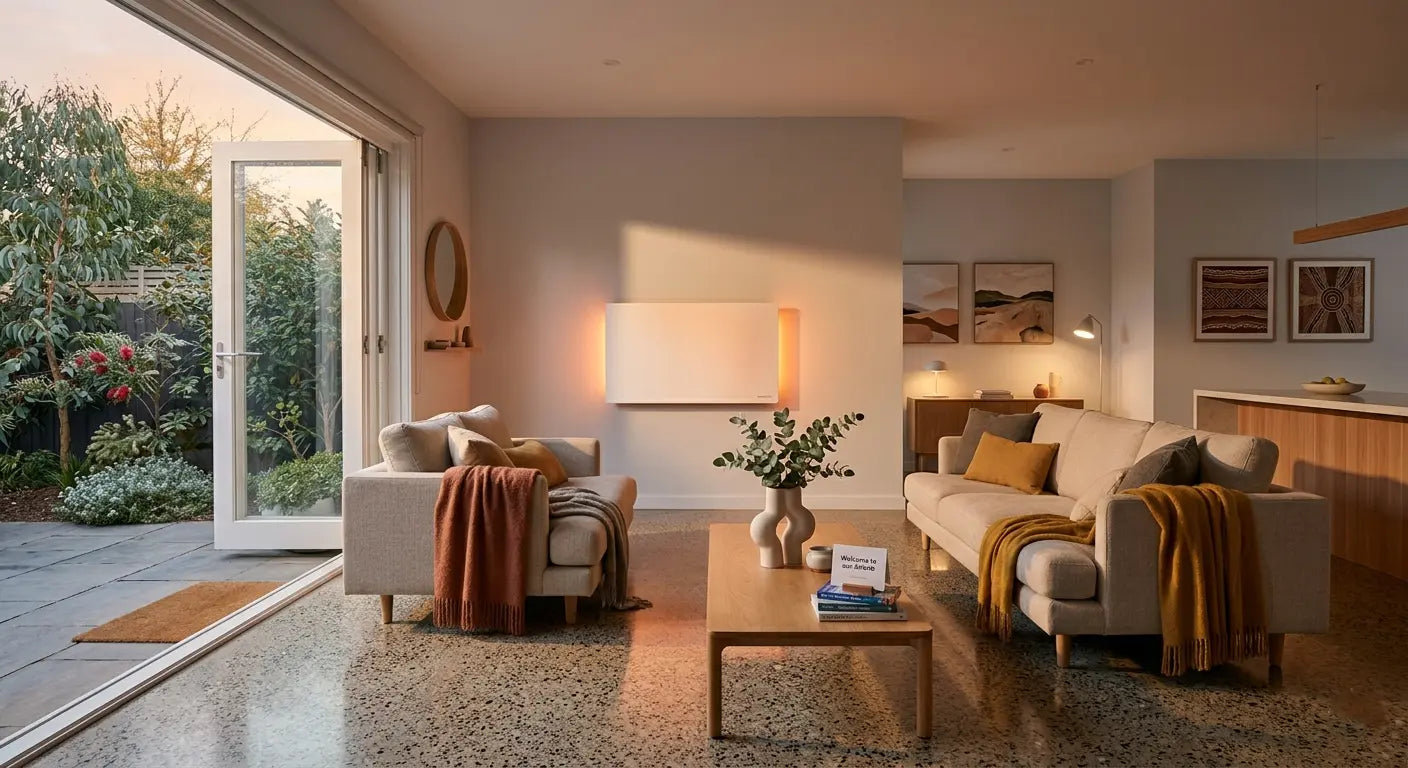 Far infrared heating panel in a modern Australian Airbnb living room by Thermisia