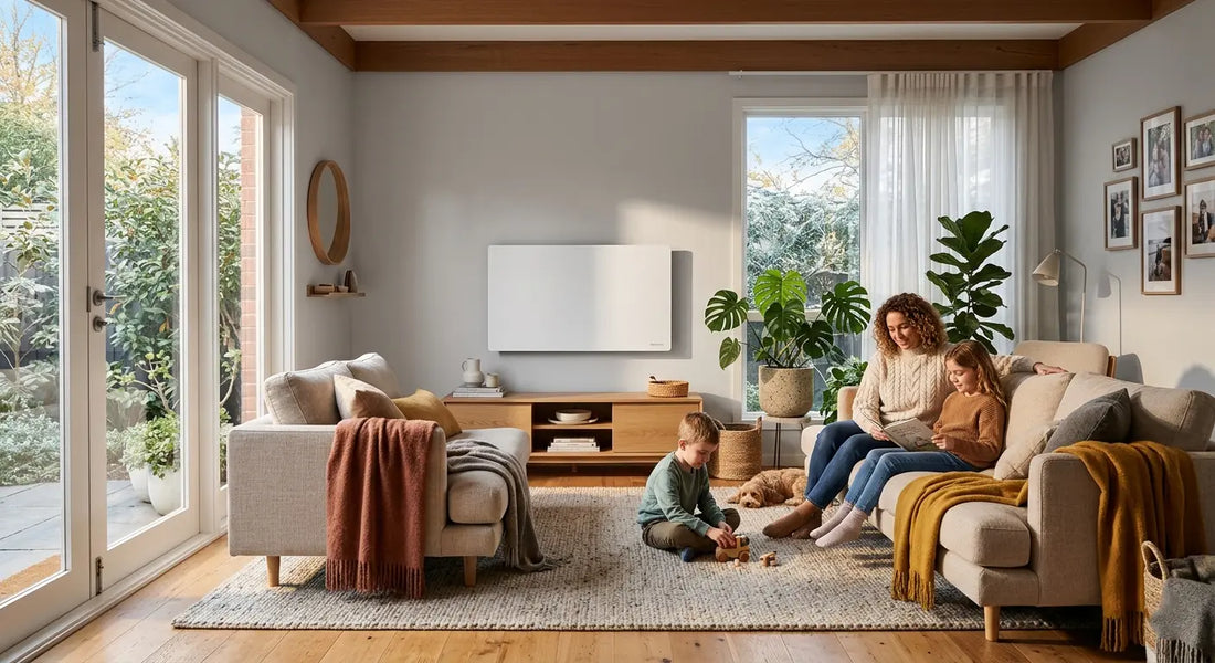 Infrared heating panel installed in a well-insulated Australian home living room