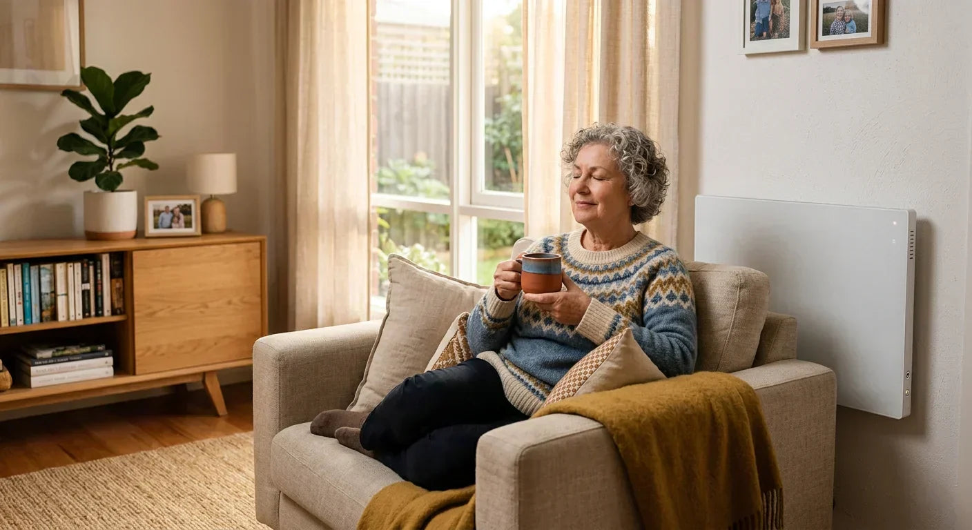 Elderly Australian woman relaxing near an infrared heater for arthritis joint pain relief