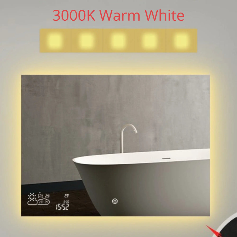 250W / 350W Smart Infrared LED Bathroom Mirror – 3000K Warm White with Weather Display & Anti-Fog