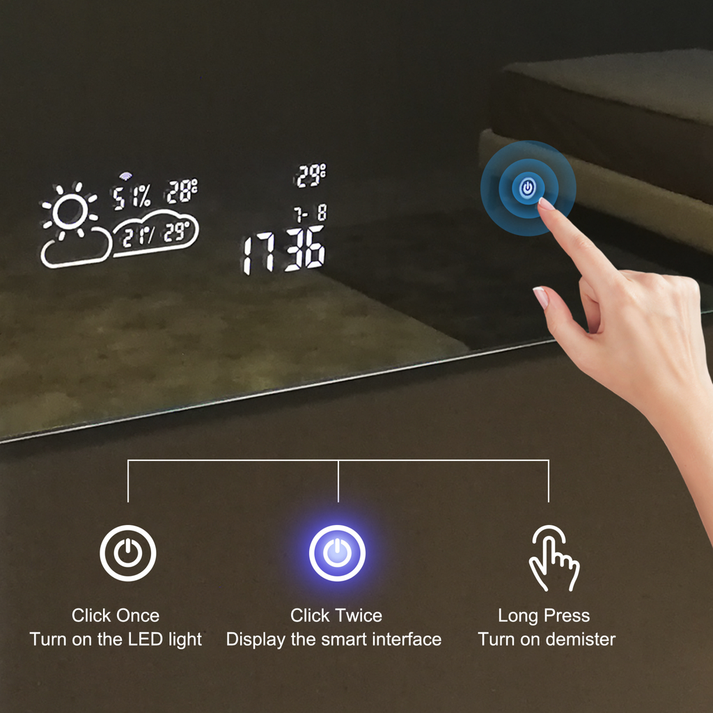 250W / 350W Smart Infrared LED Bathroom Mirror – 3000K Warm White with Weather Display & Anti-Fog